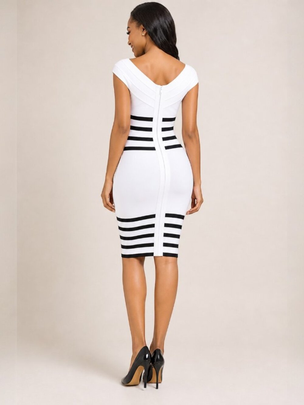 Striped Color-block Bandage Dress Sculpted Fit • Portrait Neck • Boutique Style - Picture 3 of 7